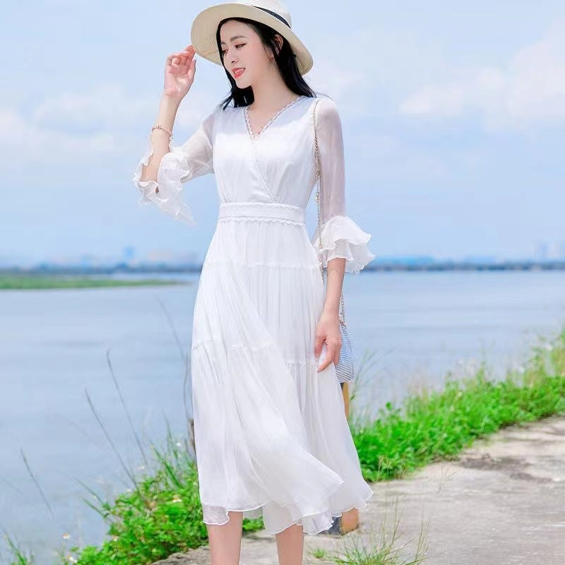 Women's Silk Dress, 2023 New Summer High-End Elegant Fashion, 100% Mulberry Silk, Fairy-like Long Dress
